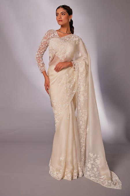Juhi Shekhawat_Off White Silk Organza Pearls, Sequins, Floral Vine Hand Embroidered Saree Set _Online_at_Aza_Fashions