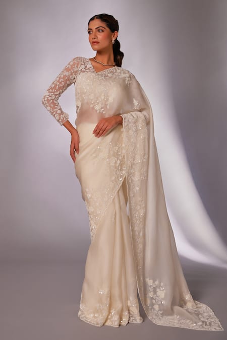Buy_Juhi Shekhawat_Off White Silk Organza Pearls, Sequins, Floral Vine Hand Embroidered Saree Set _Online_at_Aza_Fashions