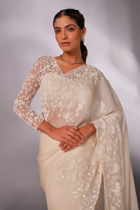 Shop_Juhi Shekhawat_Off White Silk Organza Pearls, Sequins, Floral Vine Hand Embroidered Saree Set _Online_at_Aza_Fashions