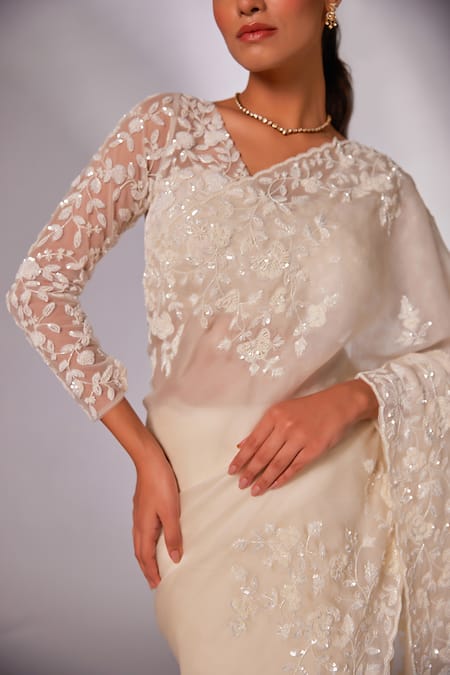 Juhi Shekhawat_Off White Silk Organza Pearls, Sequins, Floral Vine Hand Embroidered Saree Set _at_Aza_Fashions