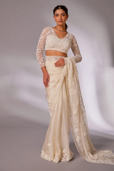 Buy_Juhi Shekhawat_Off White Silk Organza Pearls, Sequins, Floral Vine Hand Embroidered Saree Set 