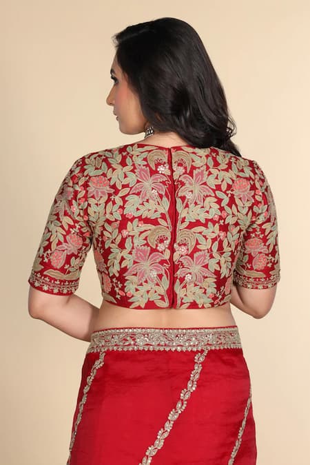 Juhi Shekhawat Floral Zari Embroidered Red Saree Set 