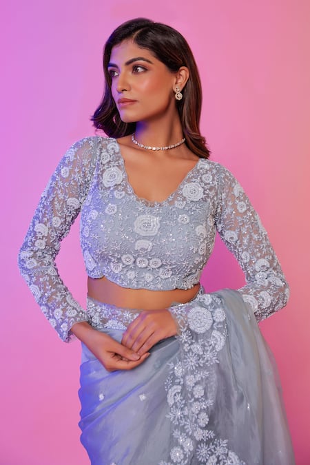 Juhi Shekhawat_Sky Blue Silk Organza Sequins, Pearls, Beads Floral Hand Embroidered Saree Set _Online_at_Aza_Fashions