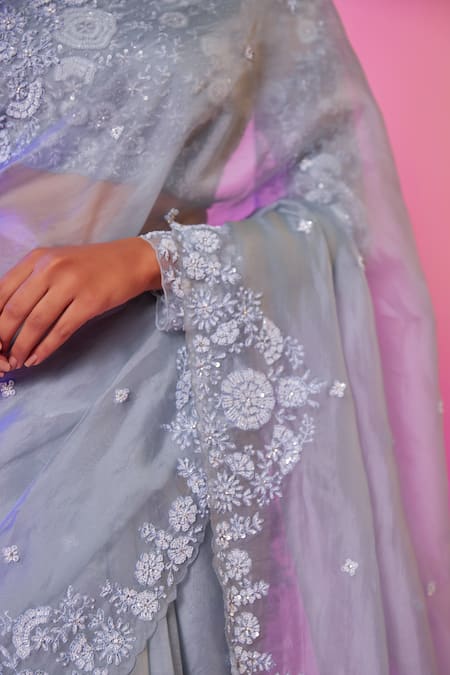 Shop_Juhi Shekhawat_Sky Blue Silk Organza Sequins, Pearls, Beads Floral Hand Embroidered Saree Set _Online_at_Aza_Fashions