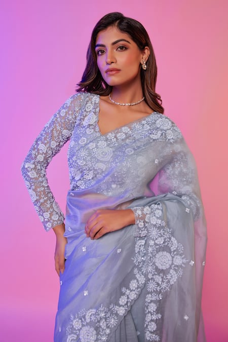 Juhi Shekhawat_Sky Blue Silk Organza Sequins, Pearls, Beads Floral Hand Embroidered Saree Set _at_Aza_Fashions