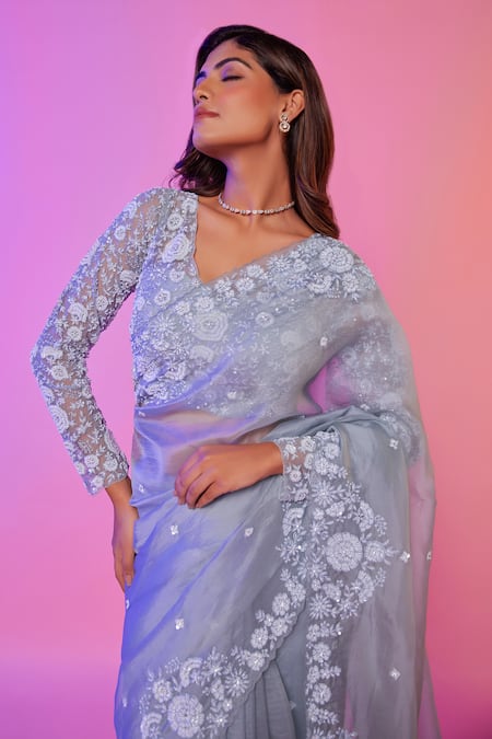 Buy_Juhi Shekhawat_Sky Blue Silk Organza Sequins, Pearls, Beads Floral Hand Embroidered Saree Set 