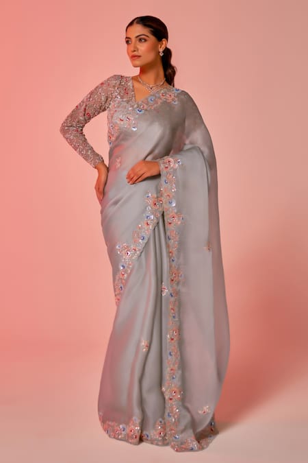 Juhi Shekhawat_Blue Silk Organza Sequins, Pearls, Zari Floral Embroidered Designer Saree _Online_at_Aza_Fashions
