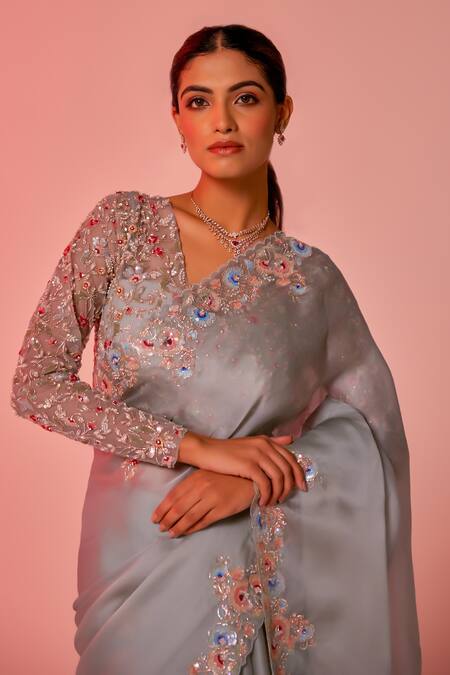 Buy_Juhi Shekhawat_Blue Silk Organza Sequins, Pearls, Zari Floral Embroidered Designer Saree _Online_at_Aza_Fashions