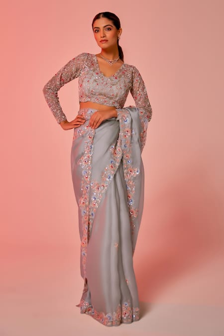 Shop_Juhi Shekhawat_Blue Silk Organza Sequins, Pearls, Zari Floral Embroidered Designer Saree _Online_at_Aza_Fashions