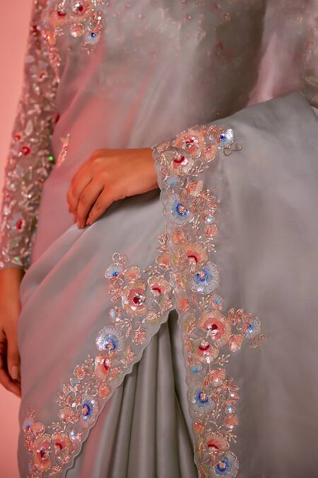 Juhi Shekhawat_Blue Silk Organza Sequins, Pearls, Zari Floral Embroidered Designer Saree _at_Aza_Fashions