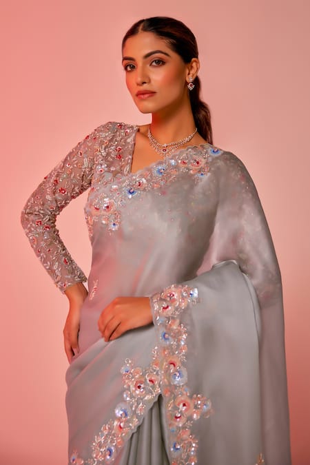 Buy_Juhi Shekhawat_Blue Silk Organza Sequins, Pearls, Zari Floral Embroidered Designer Saree 