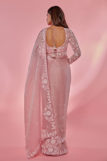 Juhi Shekhawat Floral Hand Embroidered Pink Saree Set 