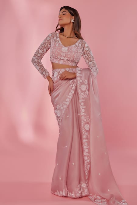 Juhi Shekhawat_Pink Silk Organza Sequins, Pearls, Beads Floral Hand Embroidered Saree Set _Online_at_Aza_Fashions