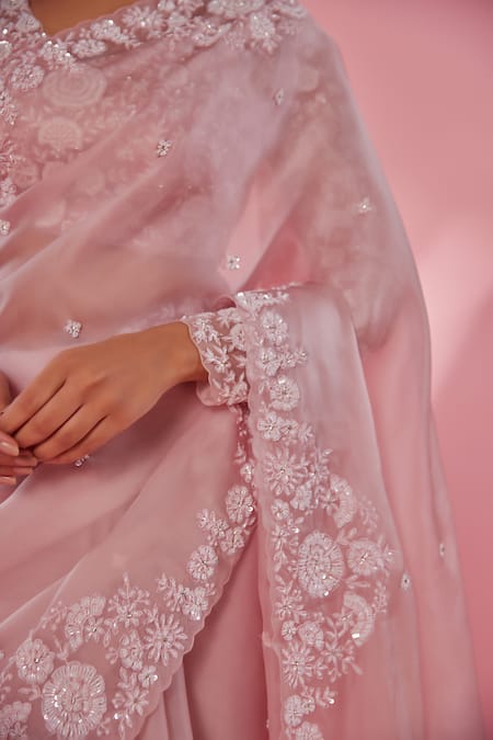 Buy_Juhi Shekhawat_Pink Silk Organza Sequins, Pearls, Beads Floral Hand Embroidered Saree Set _Online_at_Aza_Fashions
