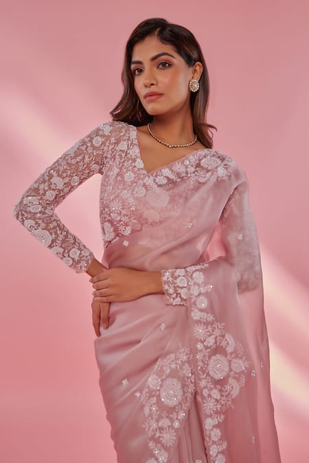 Shop_Juhi Shekhawat_Pink Silk Organza Sequins, Pearls, Beads Floral Hand Embroidered Saree Set _Online_at_Aza_Fashions