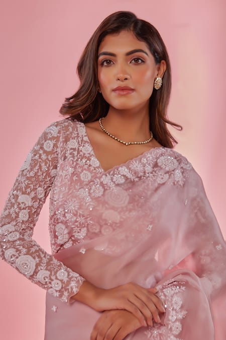 Juhi Shekhawat_Pink Silk Organza Sequins, Pearls, Beads Floral Hand Embroidered Saree Set _at_Aza_Fashions