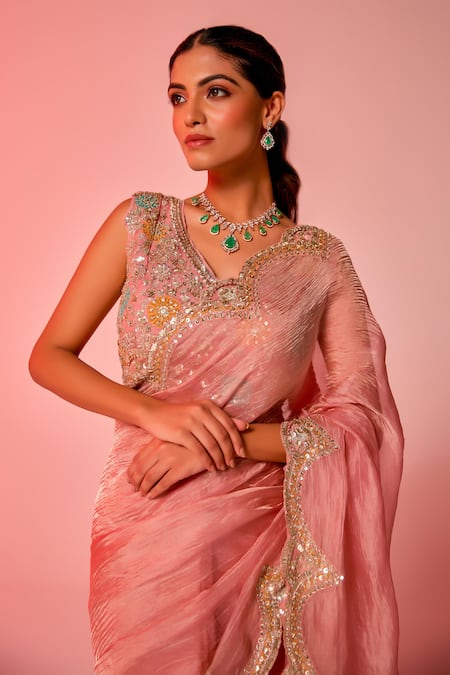 Juhi Shekhawat_Pink Crepe, Tissue Sequins, Zari V-neck Floral Zardozi Embroidered Saree Set _Online_at_Aza_Fashions
