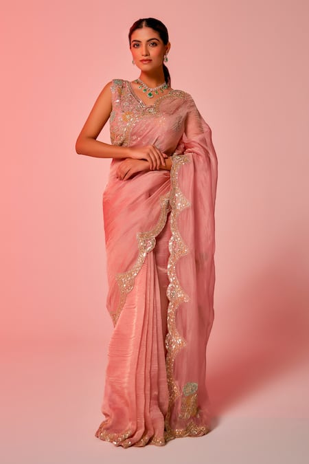 Buy_Juhi Shekhawat_Pink Crepe, Tissue Sequins, Zari V-neck Floral Zardozi Embroidered Saree Set _Online_at_Aza_Fashions
