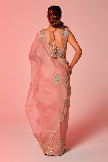 Juhi Shekhawat Floral Zardozi Embroidered Pink Saree Set 