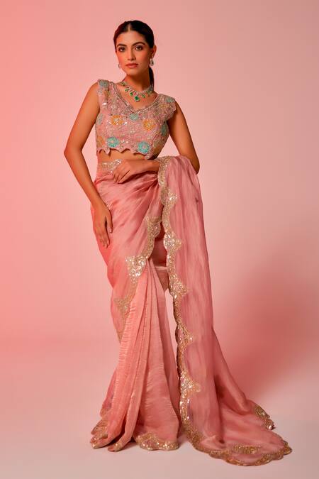 Shop_Juhi Shekhawat_Pink Crepe, Tissue Sequins, Zari V-neck Floral Zardozi Embroidered Saree Set _Online_at_Aza_Fashions