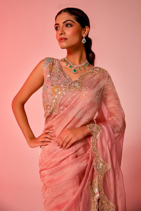 Buy_Juhi Shekhawat_Pink Crepe, Tissue Sequins, Zari V-neck Floral Zardozi Embroidered Saree Set 