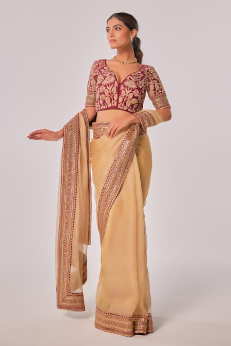 Juhi Shekhawat Floral Embroidered Champagne Gold Saree Set 