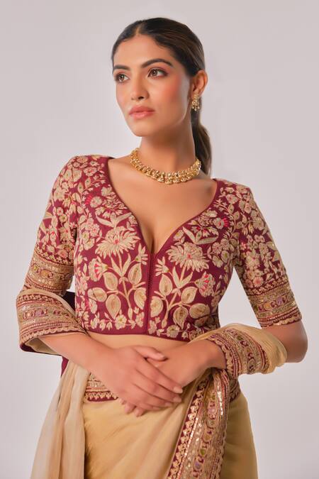Juhi Shekhawat_Maroon Crepe Sequins, Zari Floral Embroidered Champagne Gold Saree Set _Online_at_Aza_Fashions