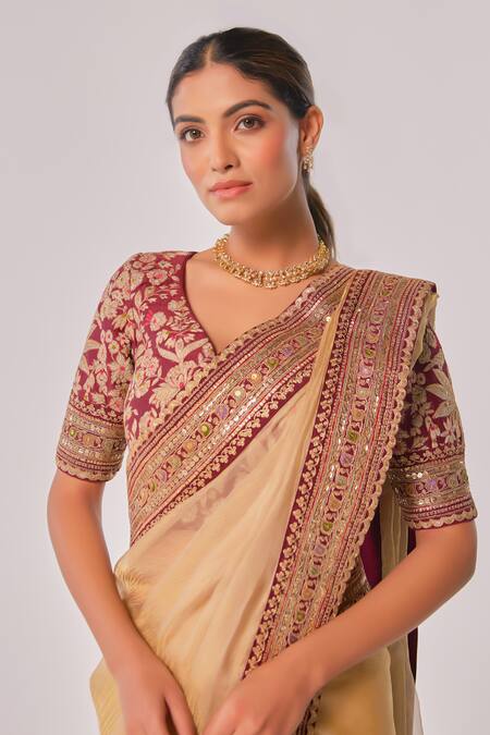 Buy_Juhi Shekhawat_Maroon Crepe Sequins, Zari Floral Embroidered Champagne Gold Saree Set _Online_at_Aza_Fashions