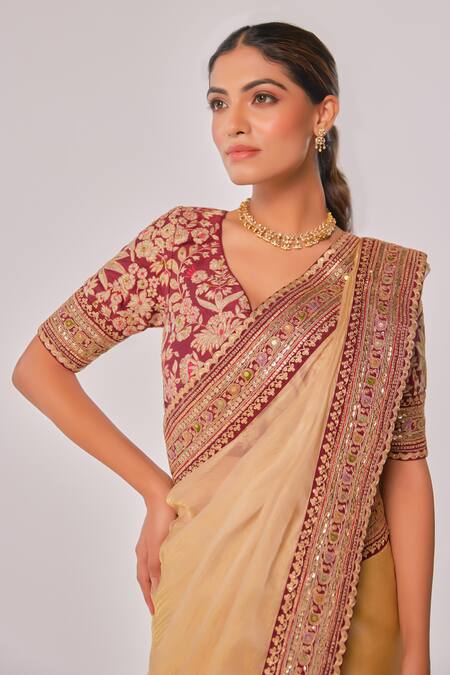 Shop_Juhi Shekhawat_Maroon Crepe Sequins, Zari Floral Embroidered Champagne Gold Saree Set _Online_at_Aza_Fashions