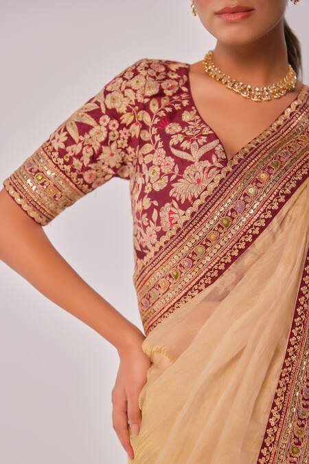 Juhi Shekhawat_Maroon Crepe Sequins, Zari Floral Embroidered Champagne Gold Saree Set _at_Aza_Fashions
