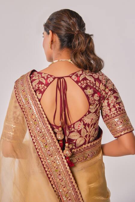 Buy_Juhi Shekhawat_Maroon Crepe Sequins, Zari Floral Embroidered Champagne Gold Saree Set 