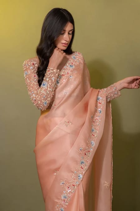 Juhi Shekhawat_Peach Silk Organza Pearls, Sequins, Zari Floral Zardozi Embroidered Saree Set _Online_at_Aza_Fashions