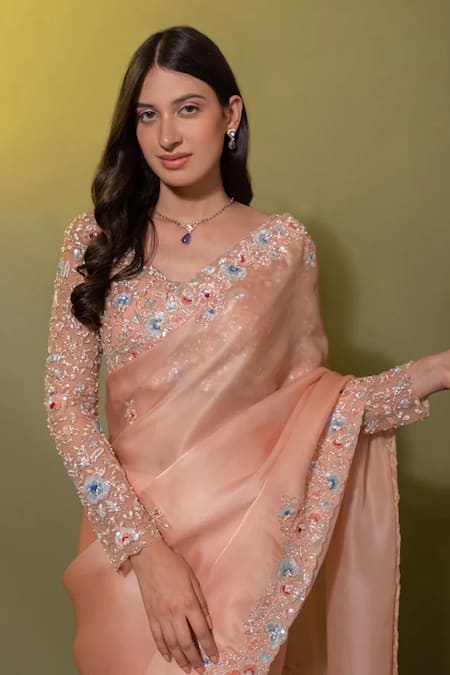 Shop_Juhi Shekhawat_Peach Silk Organza Pearls, Sequins, Zari Floral Zardozi Embroidered Saree Set _Online_at_Aza_Fashions