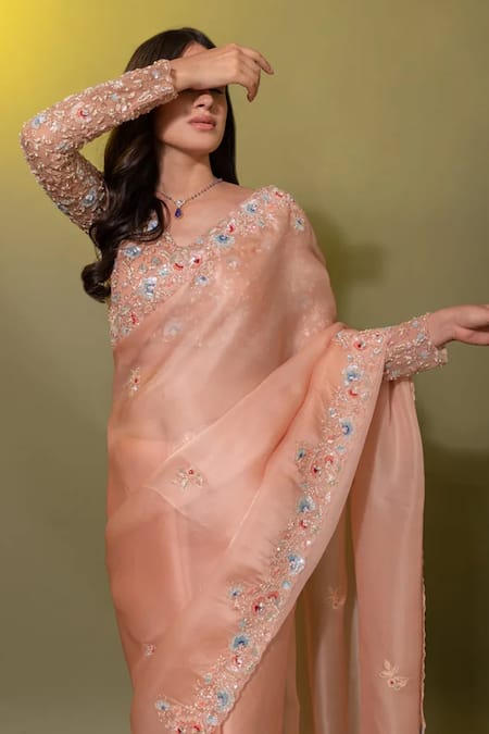 Juhi Shekhawat_Peach Silk Organza Pearls, Sequins, Zari Floral Zardozi Embroidered Saree Set _at_Aza_Fashions