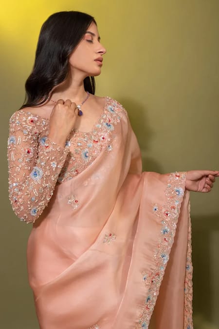 Buy_Juhi Shekhawat_Peach Silk Organza Pearls, Sequins, Zari Floral Zardozi Embroidered Saree Set 