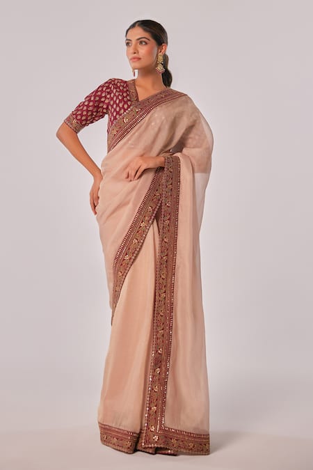 Buy_Juhi Shekhawat_Maroon Tissue Zari, Sequins V-neck Floral Motif Embroidered Saree And Blouse _Online_at_Aza_Fashions