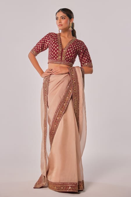 Shop_Juhi Shekhawat_Maroon Tissue Zari, Sequins V-neck Floral Motif Embroidered Saree And Blouse _Online_at_Aza_Fashions