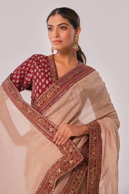 Buy_Juhi Shekhawat_Maroon Tissue Zari, Sequins V-neck Floral Motif Embroidered Saree And Blouse 