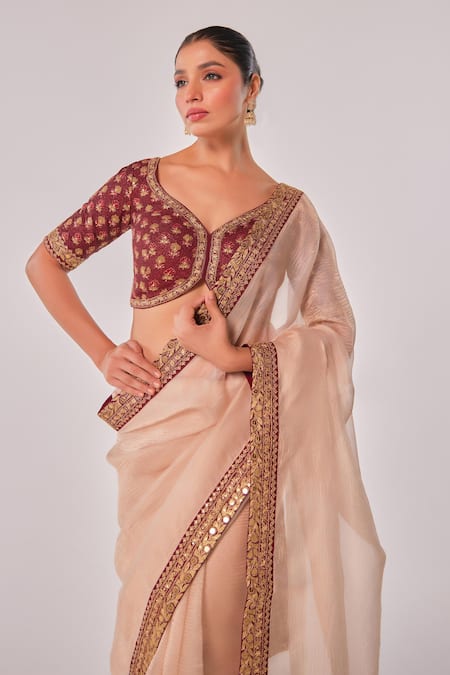 Juhi Shekhawat_Maroon Crepe Zari, Sequins, Embroidery V-neck Floral Motif Hand Saree _Online_at_Aza_Fashions