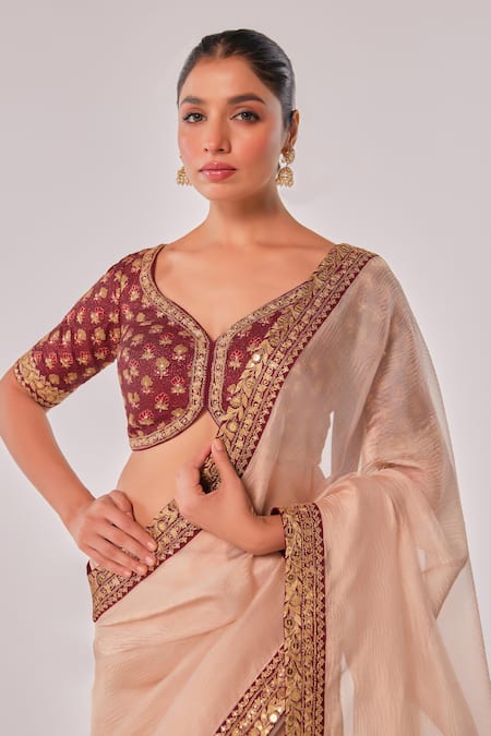 Buy_Juhi Shekhawat_Maroon Crepe Zari, Sequins, Embroidery V-neck Floral Motif Hand Saree _Online_at_Aza_Fashions