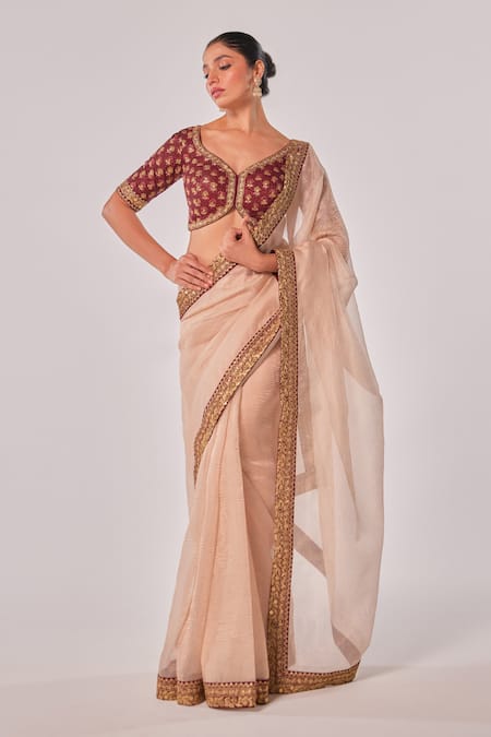 Shop_Juhi Shekhawat_Maroon Crepe Zari, Sequins, Embroidery V-neck Floral Motif Hand Saree _Online_at_Aza_Fashions