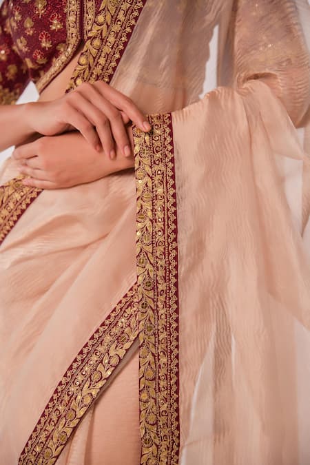 Juhi Shekhawat_Maroon Crepe Zari, Sequins, Embroidery V-neck Floral Motif Hand Saree _at_Aza_Fashions