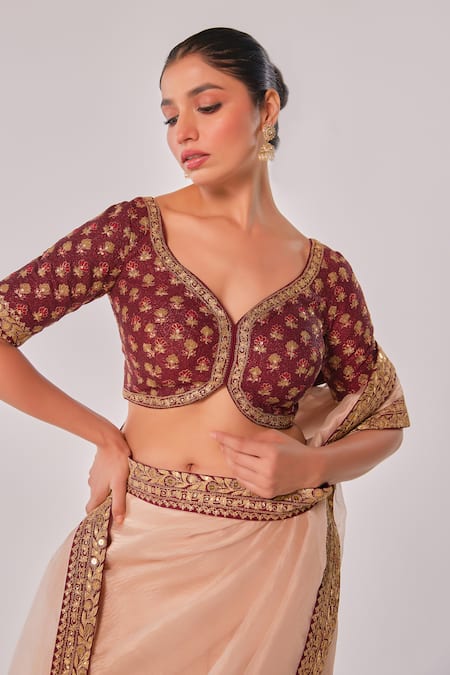 Buy_Juhi Shekhawat_Maroon Crepe Zari, Sequins, Embroidery V-neck Floral Motif Hand Saree 