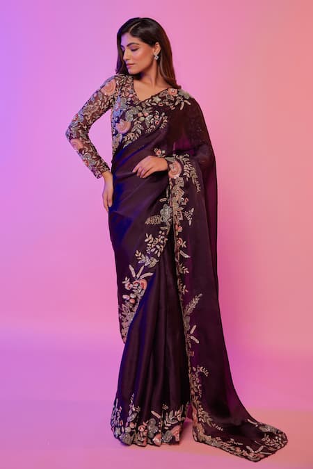 Juhi Shekhawat_Blue Silk Organza, Cotton Sequins, Floral Zardozi Hand Embroidered Saree Set _Online_at_Aza_Fashions