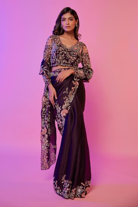 Buy_Juhi Shekhawat_Blue Silk Organza, Cotton Sequins, Floral Zardozi Hand Embroidered Saree Set _Online_at_Aza_Fashions