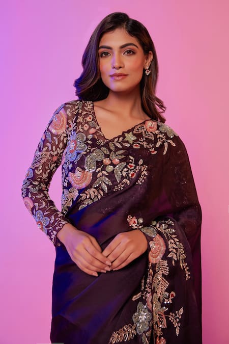 Juhi Shekhawat_Blue Silk Organza, Cotton Sequins, Floral Zardozi Hand Embroidered Saree Set _at_Aza_Fashions