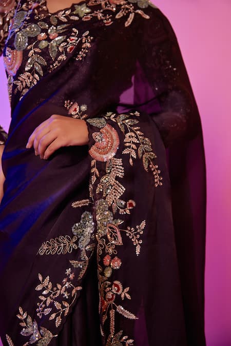 Buy_Juhi Shekhawat_Blue Silk Organza, Cotton Sequins, Floral Zardozi Hand Embroidered Saree Set 