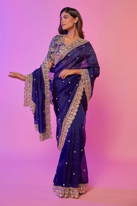 Juhi Shekhawat_Navy Silk Organza Pearls, Embroidery, Zari Scoop Floral Scalloped Saree Set _Online_at_Aza_Fashions