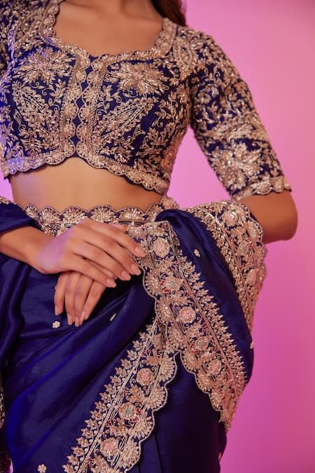 Buy_Juhi Shekhawat_Navy Silk Organza Pearls, Embroidery, Zari Scoop Floral Scalloped Saree Set _Online_at_Aza_Fashions
