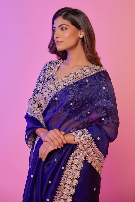 Shop_Juhi Shekhawat_Navy Silk Organza Pearls, Embroidery, Zari Scoop Floral Scalloped Saree Set _Online_at_Aza_Fashions